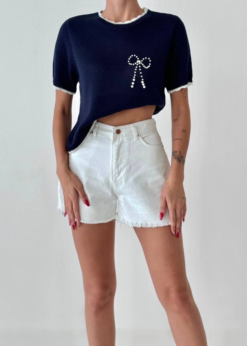 Gaiia Pearl Bow Half Sleeves Knitted Top - GAIIA